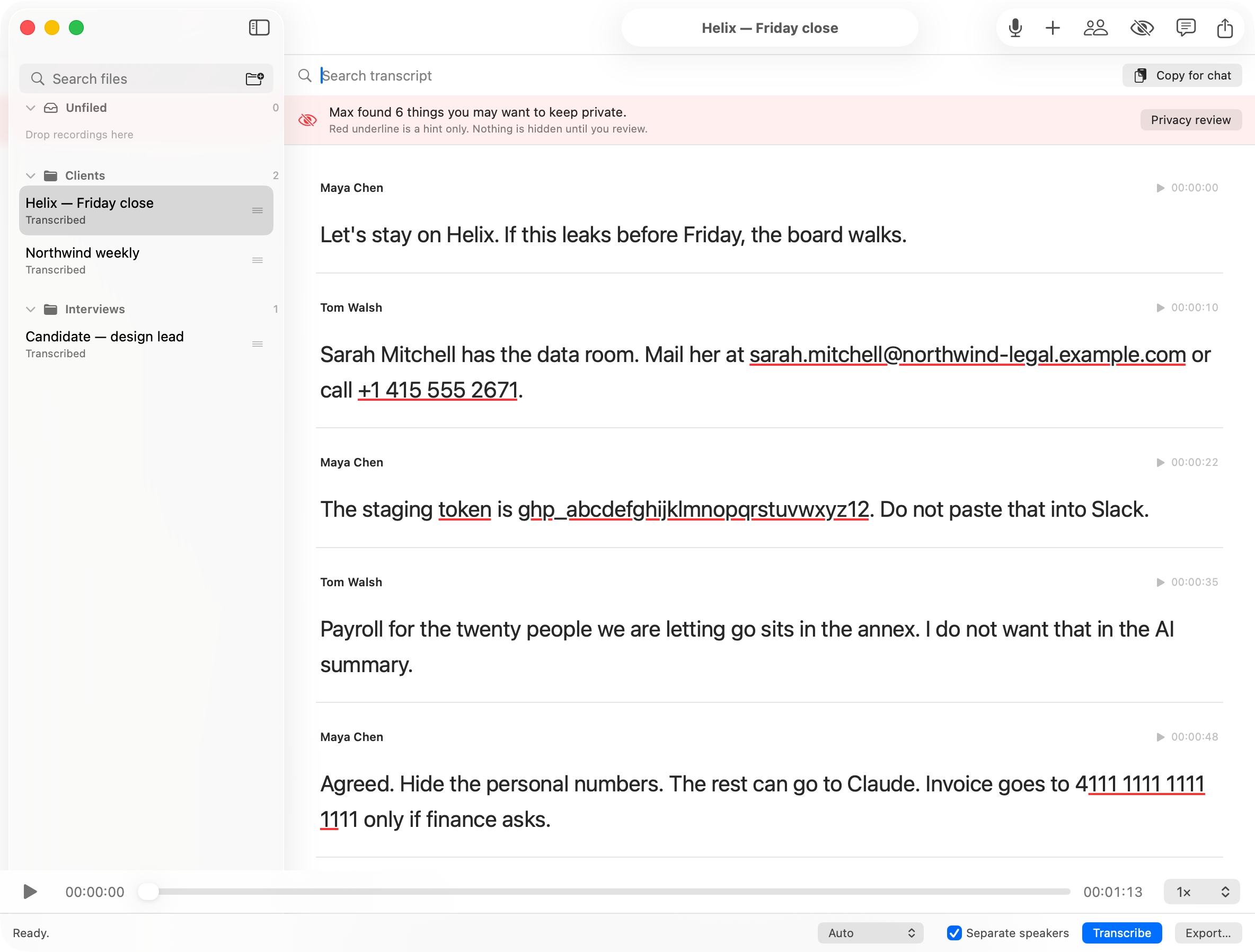 MAX whisper: Helix transcript with a red underline on an email and phone, folders in the sidebar.