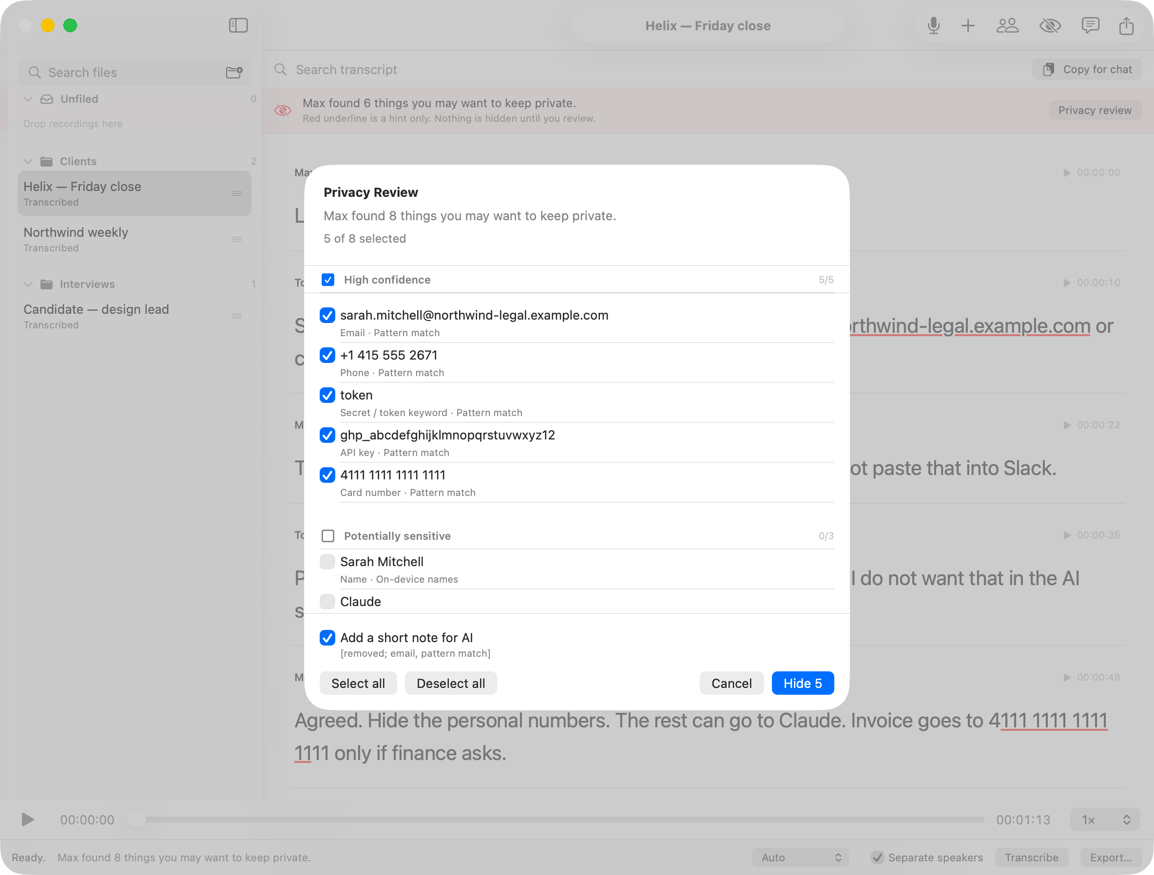 MAX whisper: Privacy Review sheet with emails, phones, and tokens checked.